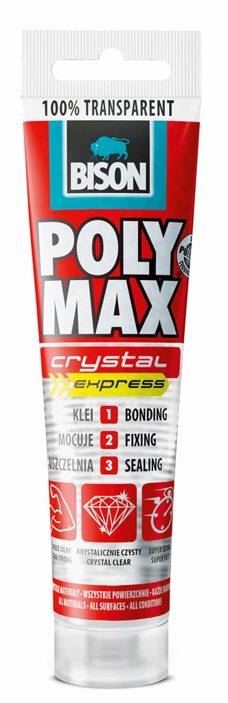 Висококачествено строително лепило Bison Poly Max Crystal Express прозрачно 115 гр / туба