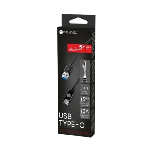Текстилен кабел за данни Sturdo USB Type C / 3A / 5GB/s / 1m / черен