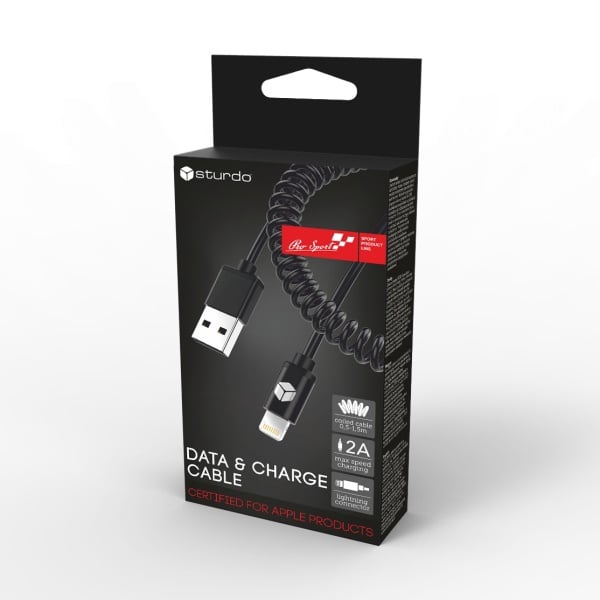 Спираловиден кабел за данни Sturdo MFI Lightning / Apple certified / 2A / 1.5m / черен