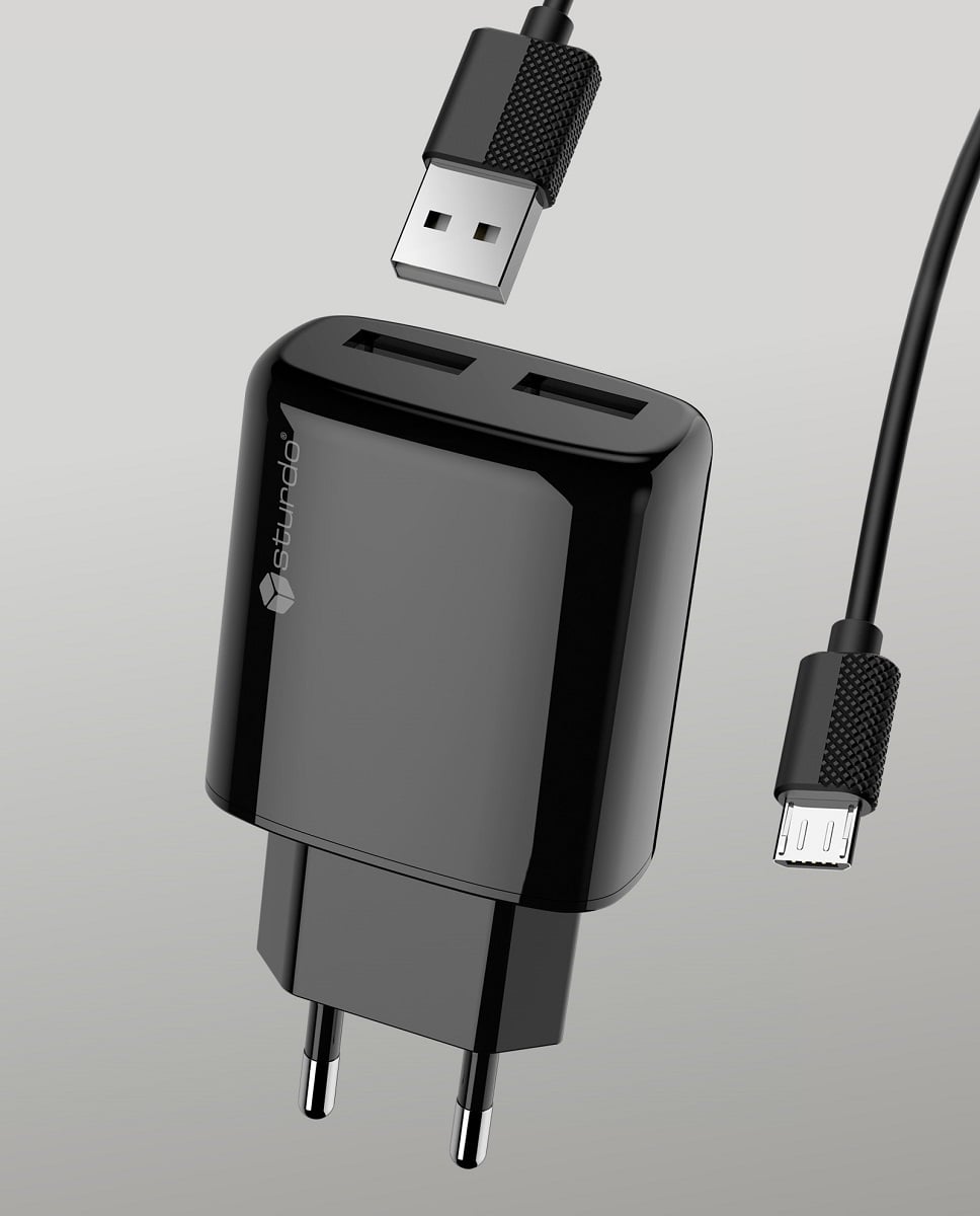 Мрежов адаптер Sturdo 2xUSB / 2A / кабел micro USB / 1m / черен
