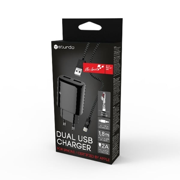 Мрежов адаптер Sturdo 2xUSB / 2A / текстилен кабел MFI Lightning / 1.8m / черен