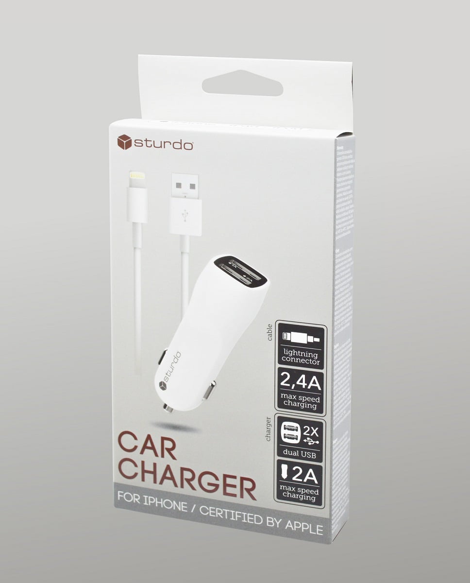 Зарядно за автомобил Sturdo Car Charger 2in1 / 2A / кабел MFI Lightning / 1m / бял