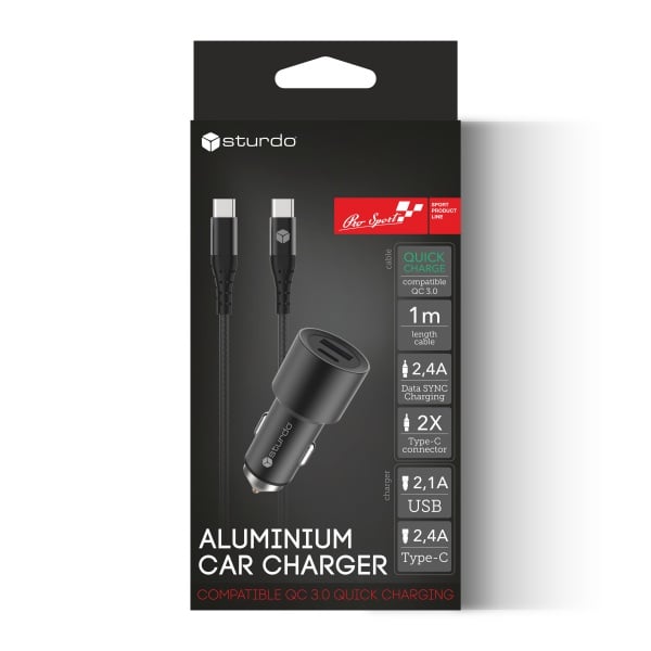 Зарядно за автомобил Sturdo Car Charger QC 3.0 / USB Type C 2.4A / USB 2.1A