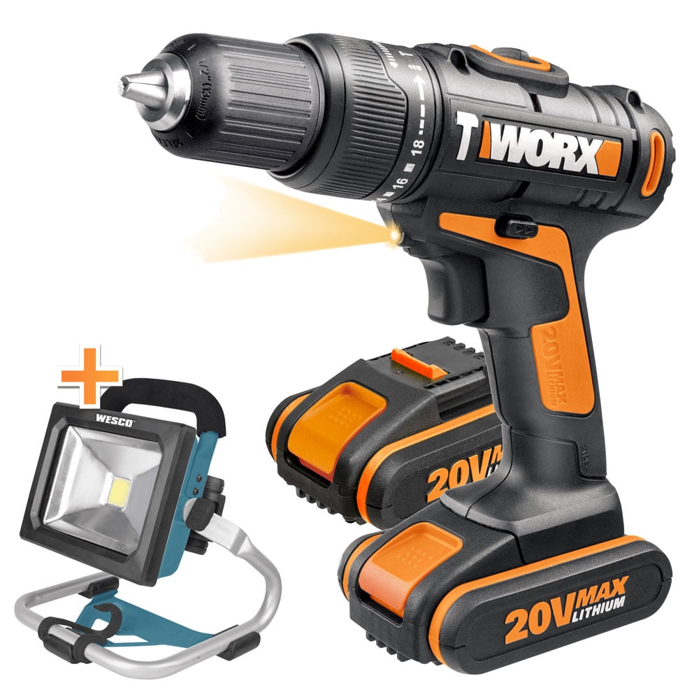 Акумулаторна ударна бормашина Worx WX371.1 с 2 броя Li-ion 20V/2Ah + LED прожектор Wesco 