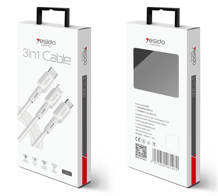 Кабел 3 в 1 iPhone/Micro USB/USB-C Yesido CA-41 1м 2.4A