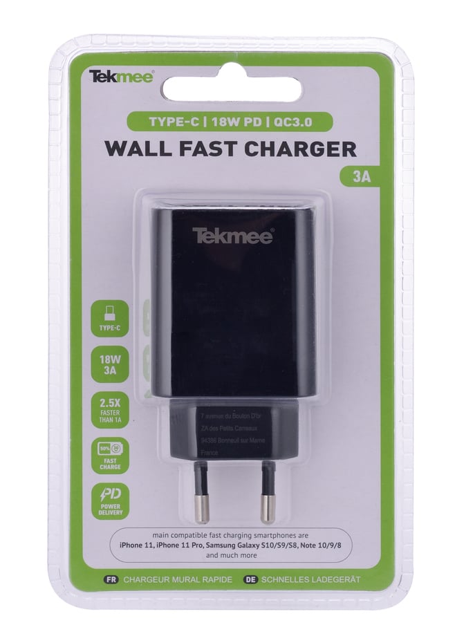 Бързозарядeн адаптер за телефон Type C + USB 3A 18W