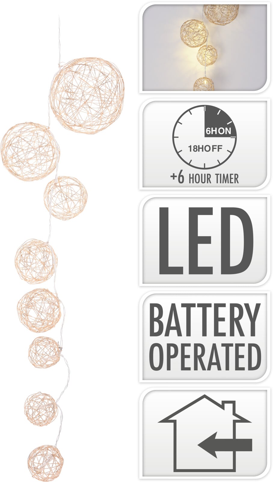 Коледен светещ гирлянд 8 LED 90см златен 