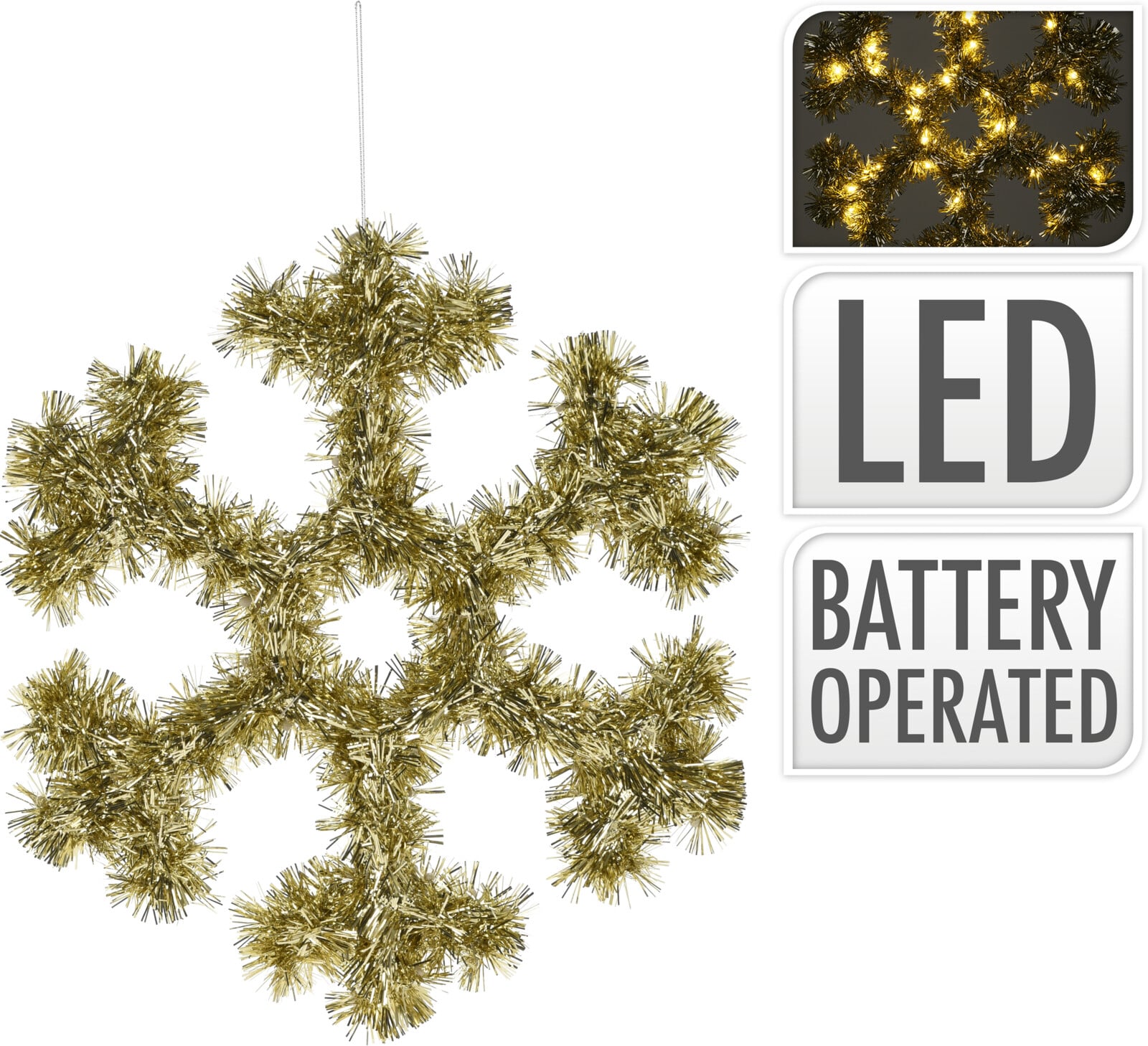 Коледна светеща LED Снежинка 32см златна 
