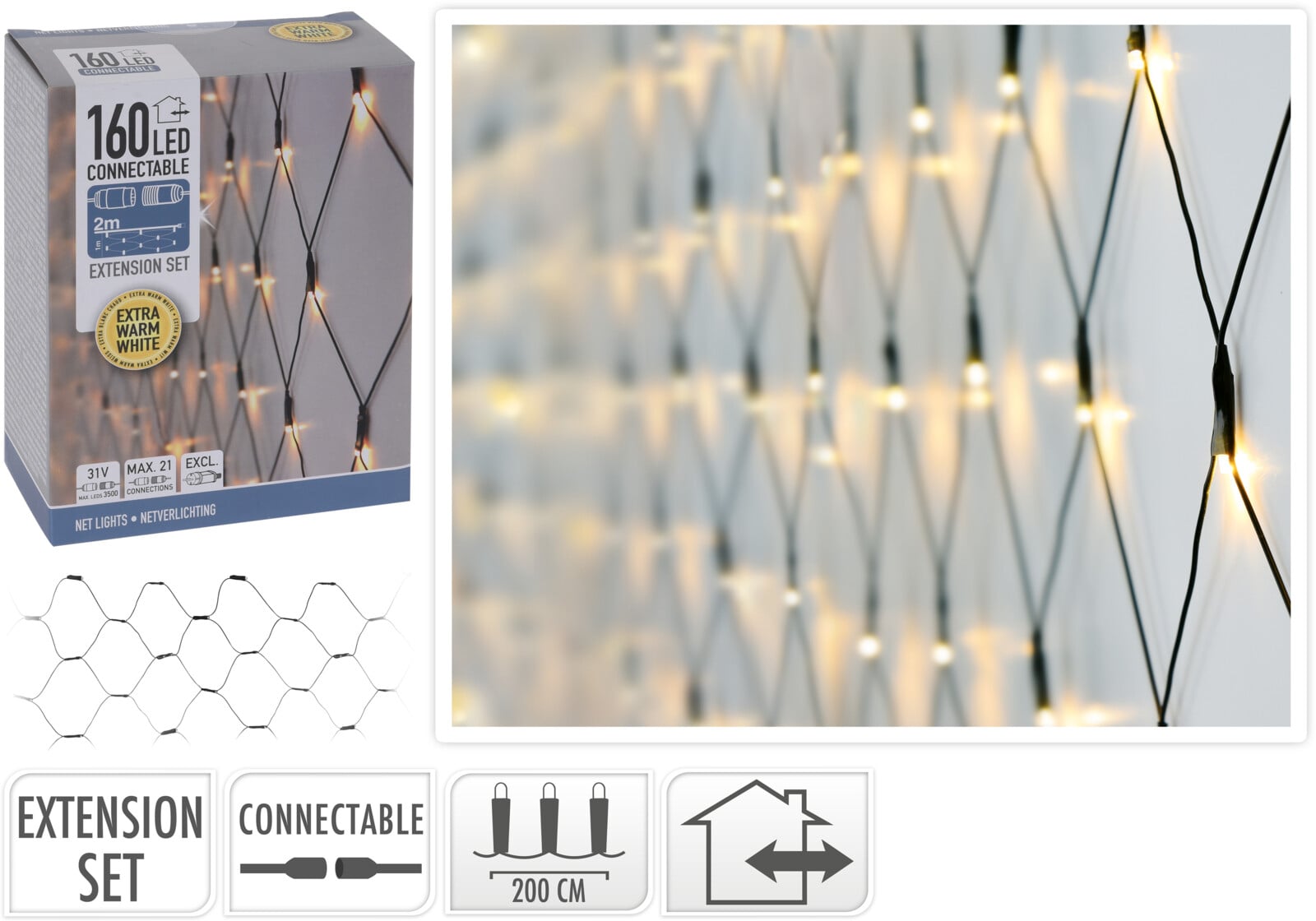 Коледни лампички мрежа 160 LED екстра топла бяла светлина IP44 200см