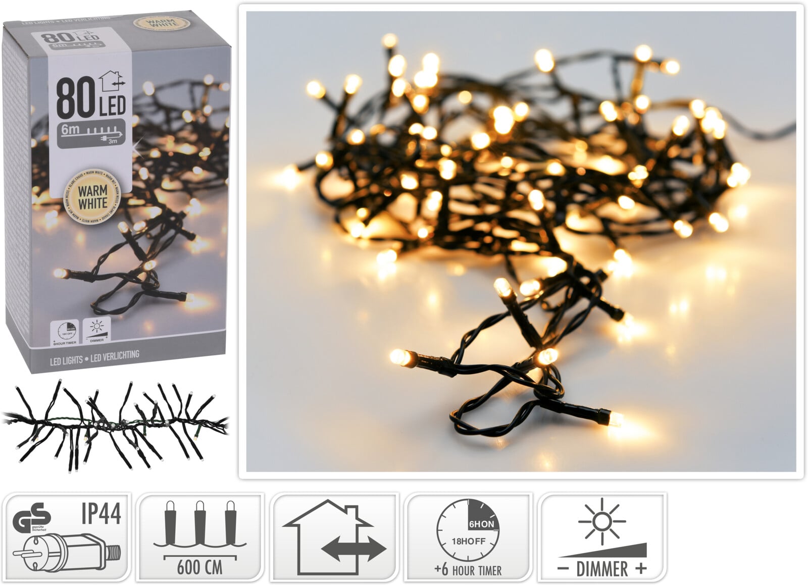 Коледни лампички 80 LED топла бяла светлина IP44 600см