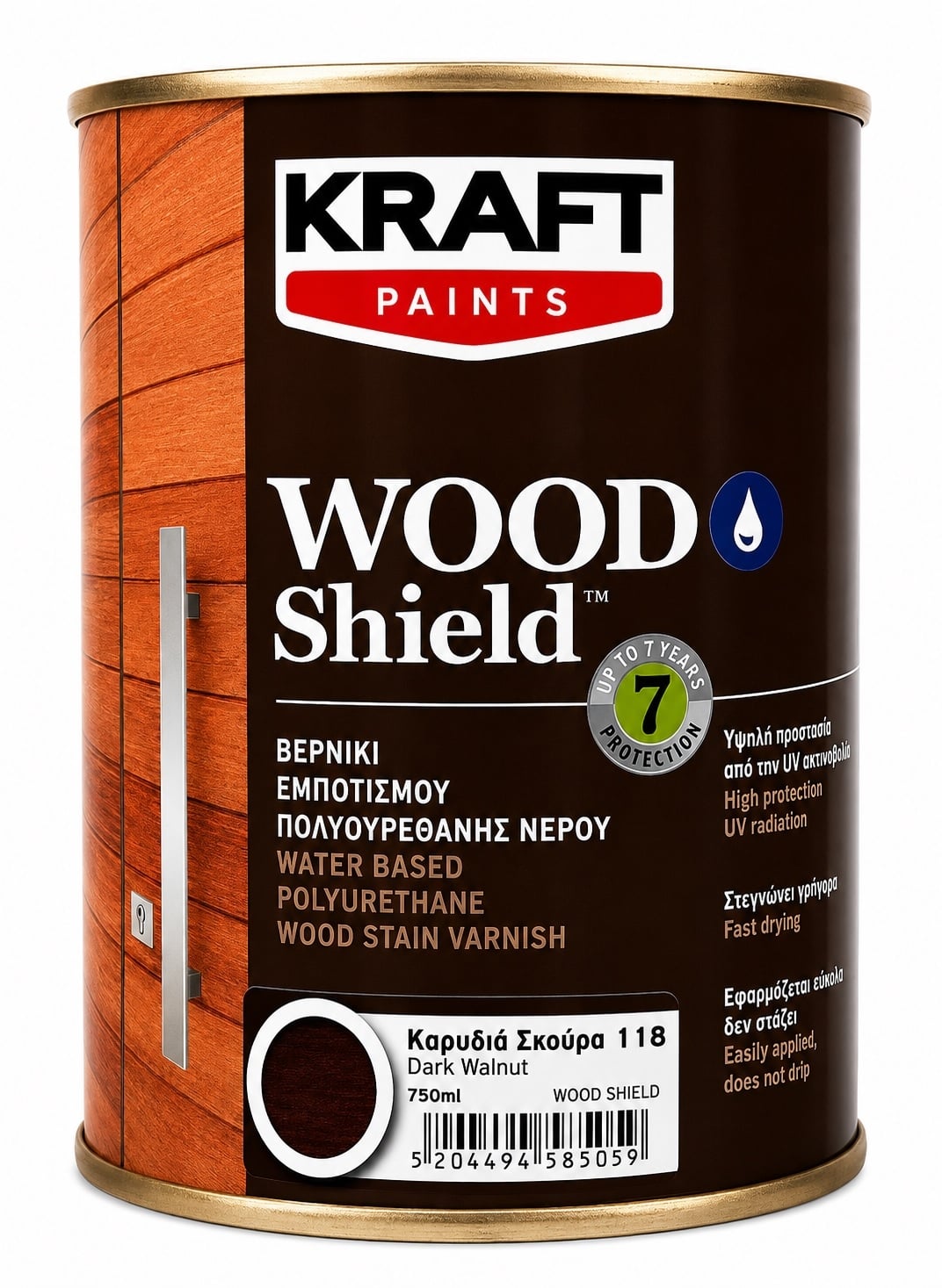 Импрегниращ полиуретанов лак на водна основа Kraft Wood Shield 118 тъмен орех 750 мл