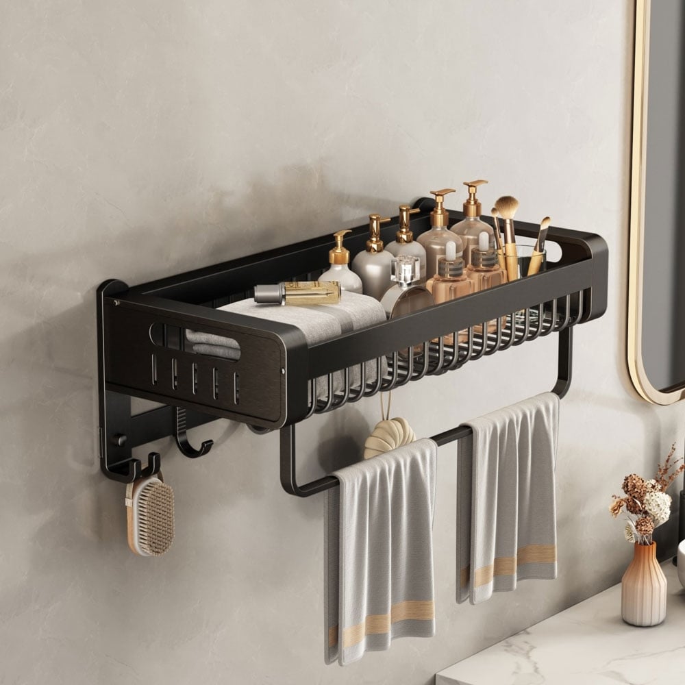Алуминиева етажерка със закачалка за кърпи Makena Cord L черна 60х20х24,5см
