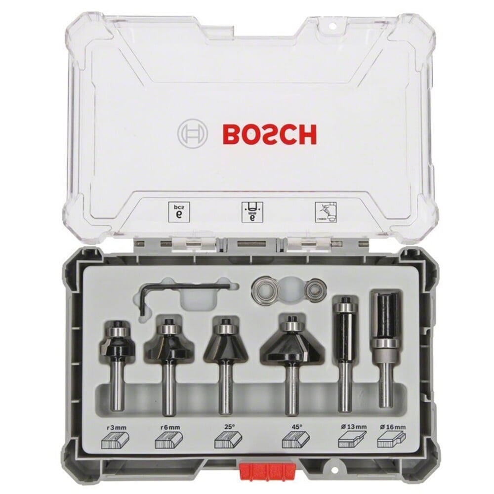 Комплект фрезери Bosch за подравняване и кантиране 6мм опашка 6 броя