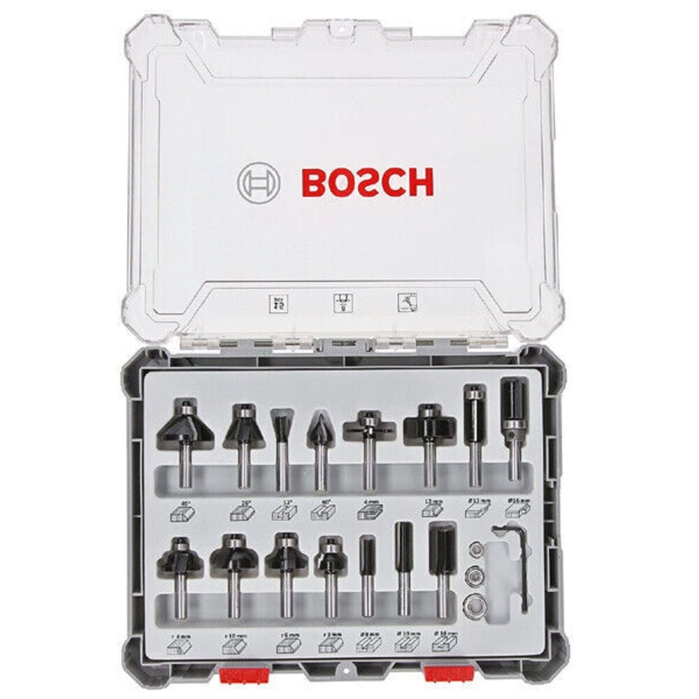 Комплект смесени фрезери Bosch 6мм опашкa 15 броя