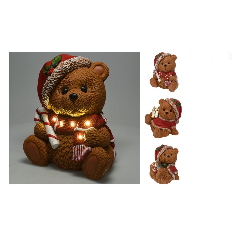 Коледна фигурка на мече с коледна шапка и LED осветление 28x27x29 см