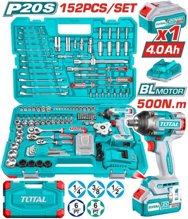 Акумулаторен ударен гайковерт Total Industrial 20V + батерия, зарядно и инструменти 