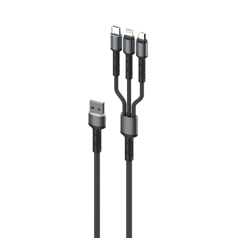 Кабел за зареждане и данни LC93 3в1 USB-A / micro / lighting / type-C сив 1 м