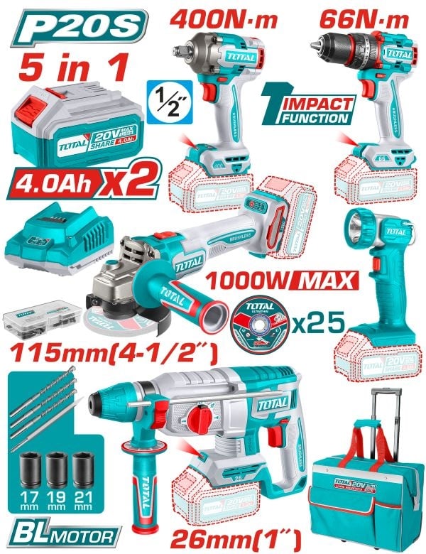 Комплект акумулаторни инструменти Total Industrial 5в1 / 20V с 2 батерии, зарядно, чанта и аксесоари