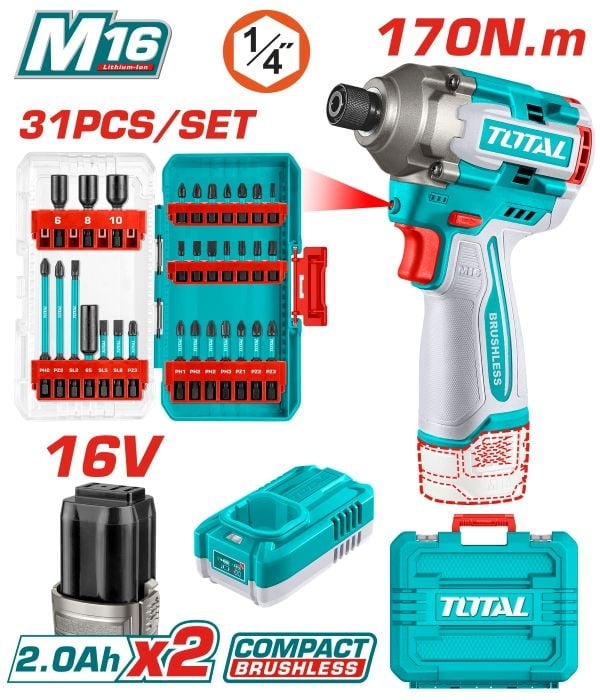 Акумулаторен ударен винтоверт Total Industrial 16V 170Nm с 2 батерии, зарядно и куфар