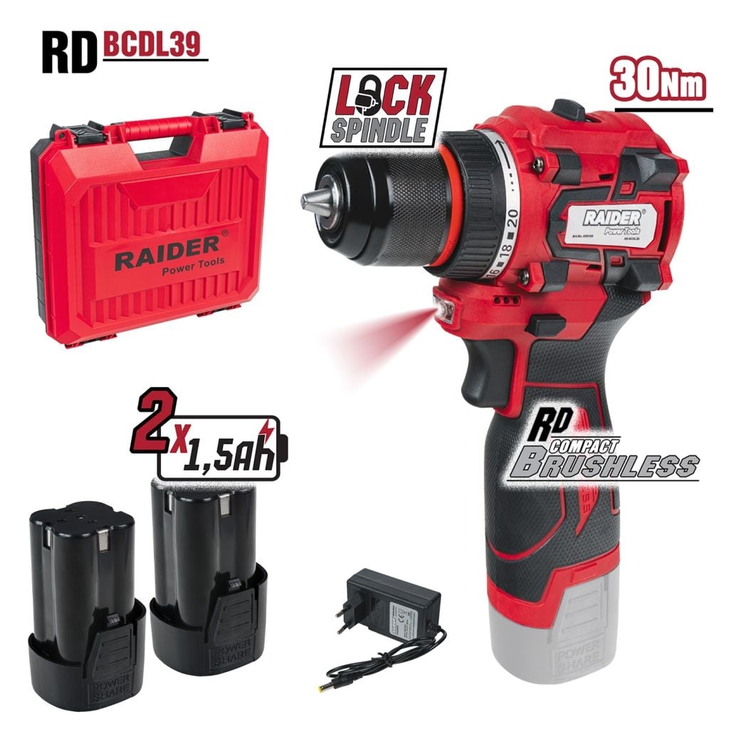 Акумулаторна безчеткова бормашина Raider RD-BCDL39 16V Li-Ion + 2 батерии, зарядно и куфар 