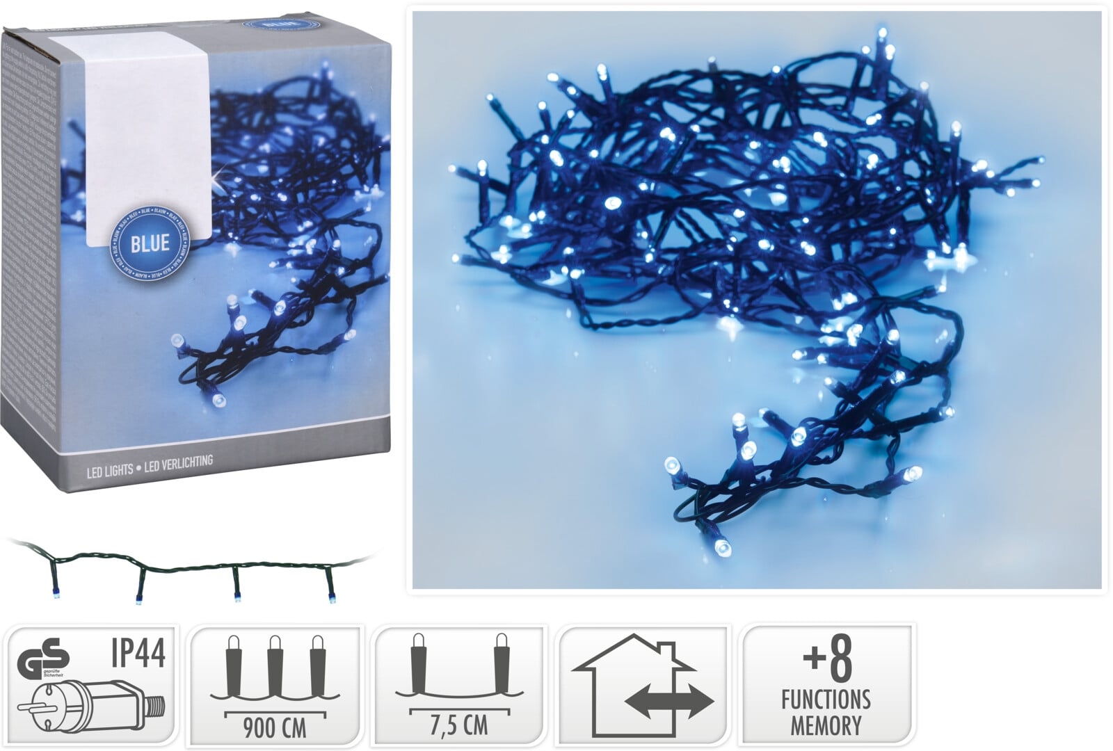 Коледни лампички 120 LED синя светлина 900см IP44 