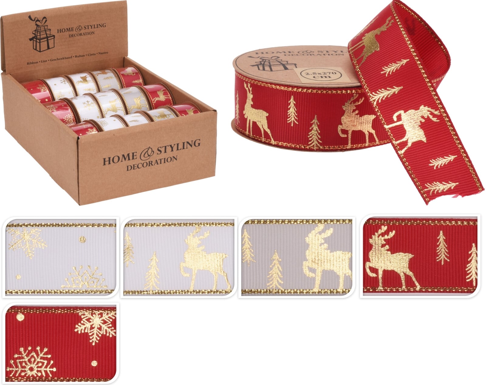 Коледна панделка Reindeer 270 х 2,5 см микс