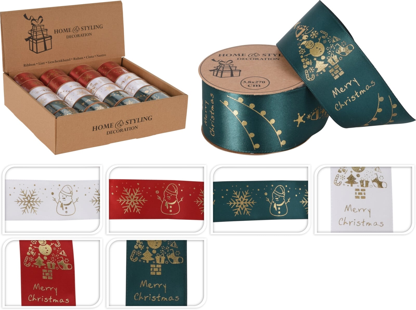 Коледна панделка Merry Christmas 270 х 3,8 см микс