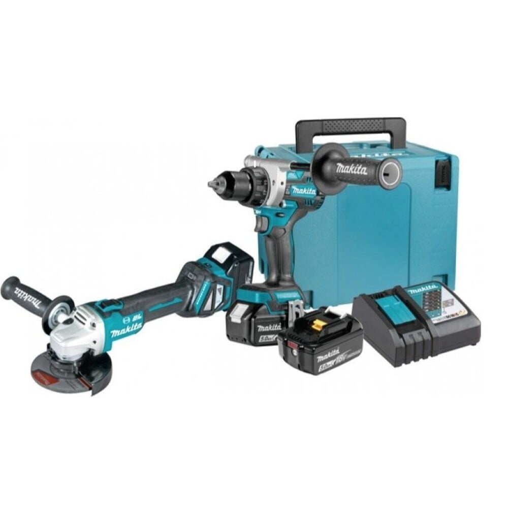 Комплект акумулаторен винтоверт и ъглошлайф Makita DLX2431TJ + 3 батерии, зарядно и куфар
