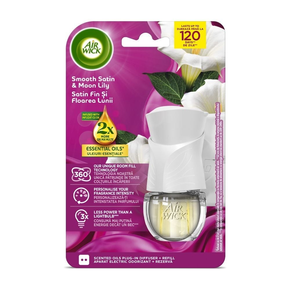 Електрически ароматизатор + пълнител Air Wick Extra Oils Сатен и лунна лилия 19мл