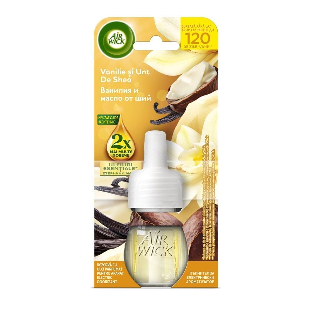 Пълнител за електрически ароматизатор Air Wick Extra Oils Ванилия и масло от ший 19мл