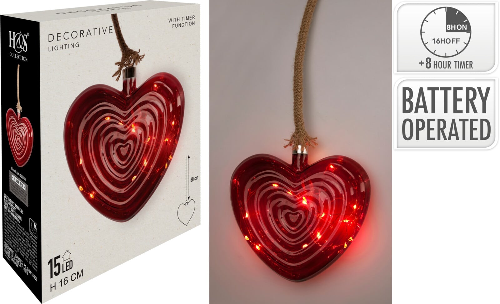 Висяща LED лампа Heart 16см червена