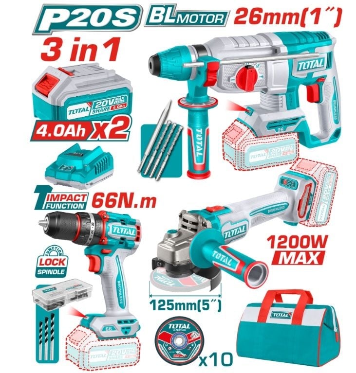 К-т акум. инстр. TOTAL TOSLI2402028,3в1,20V,2x4Ah