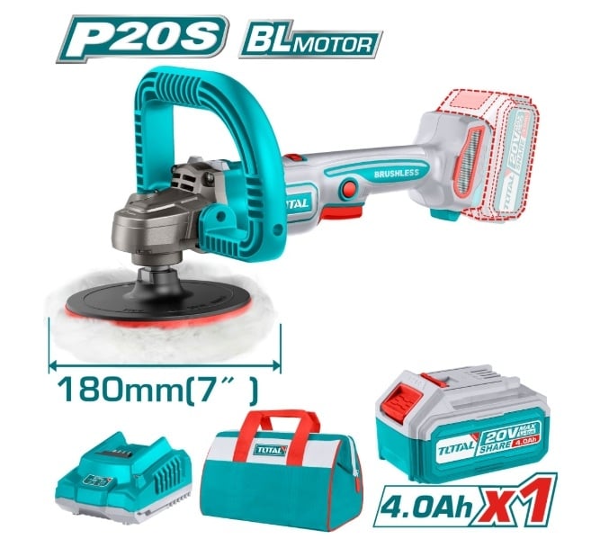 Акум. полирмашина TOTAL Ind, BL, 20V, 180мм, 1x4Ah