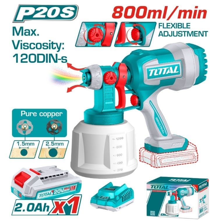 Акум. пистолет за боядисване TOTAL,20V,1L,1x2Ah