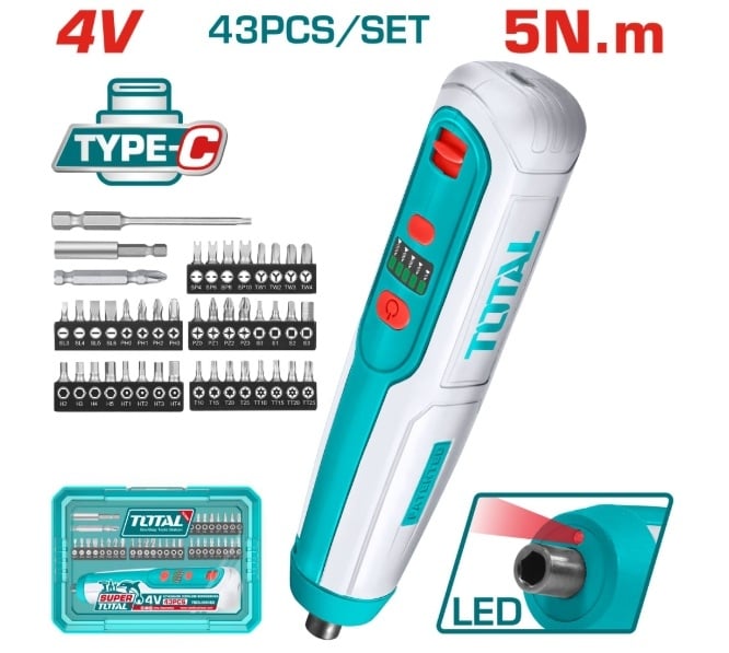 Акумулаторна отвертка TOTAL+акс.,1/4",4V,5Nm,кутия