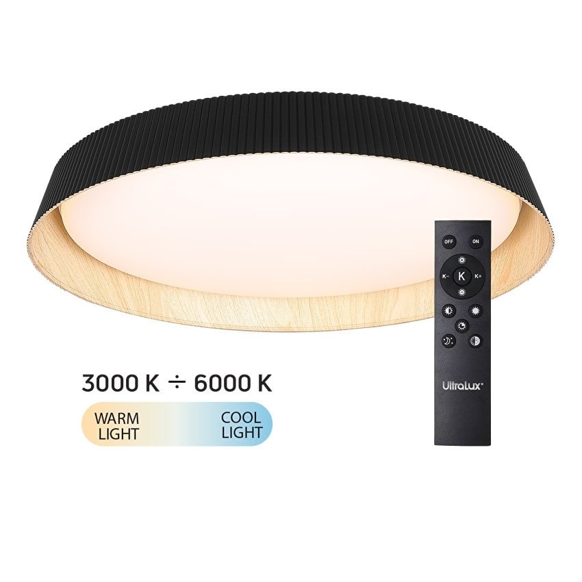 LED димираща CCT плафониера с дистанционно управление Ultralux Lyon 72W IP20 черна / дърво