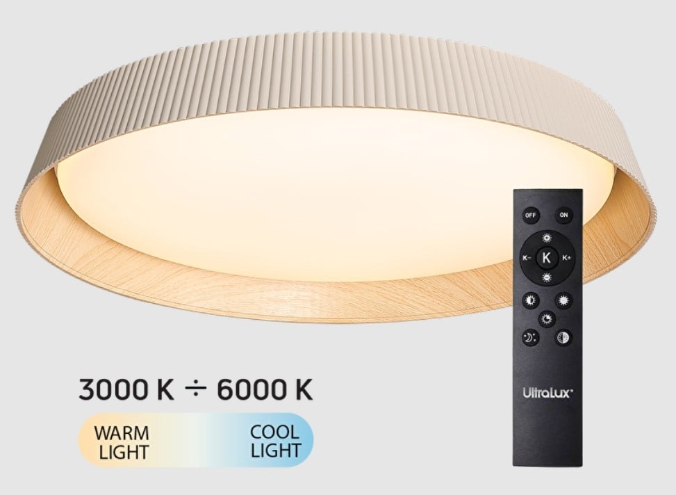 LED димираща CCT плафониера с дистанционно управление Lyon 72W IP20 бежова/дърво
