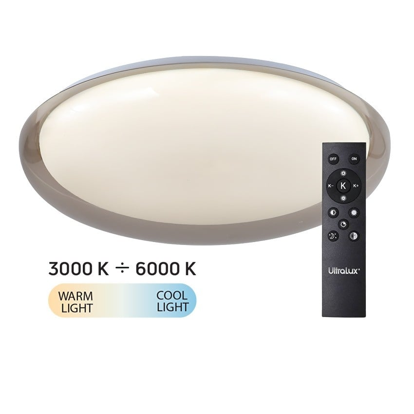 LED димираща CCT плафониера с дистанционно управление Ultralux Capri 72W IP20 опушен кварц