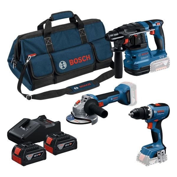 Комплект винтоверт, перфоратор и ъглошлайф Bosch GBH 18V-22 / GWS 18V-8 / GSR 18V-65 с 2 батерии и зарядно