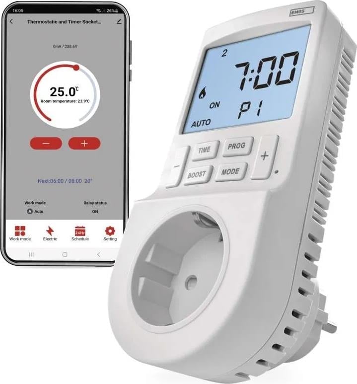 Термостат за отопление или охлаждане 5…40 °C с LCD дисплей 16A към контакт шуко 