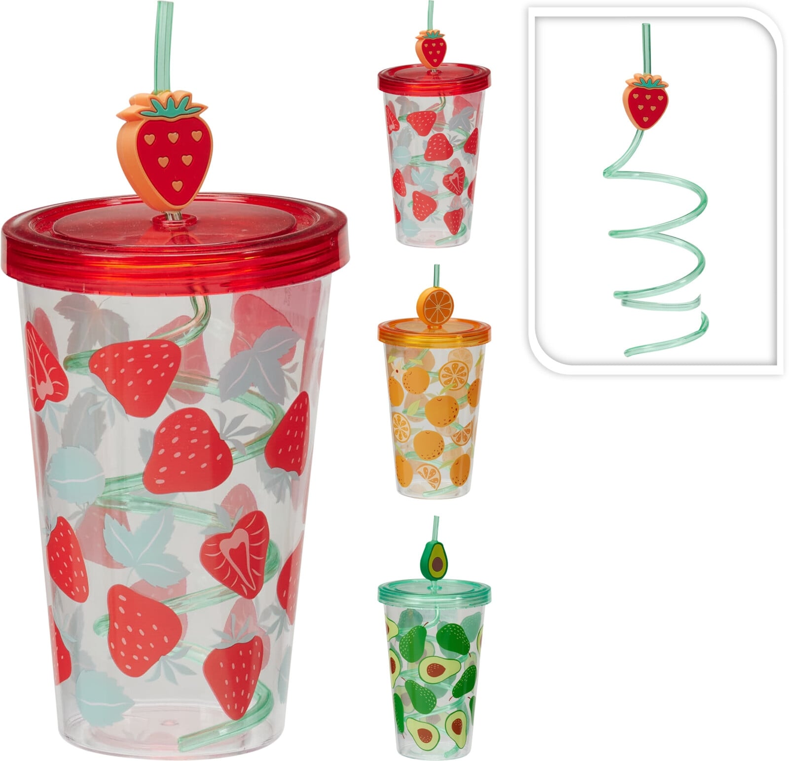 Чаша с капаче и сламка Fruit 600 мл микс
