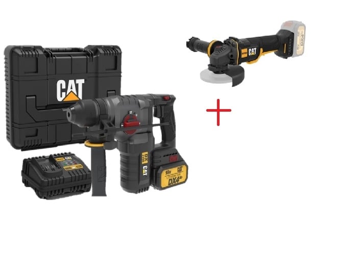 Акумулаторен ъглошлайф CAT DX314B и безчетков перфоратор DX2150 18V с 2 батерии и зарядно