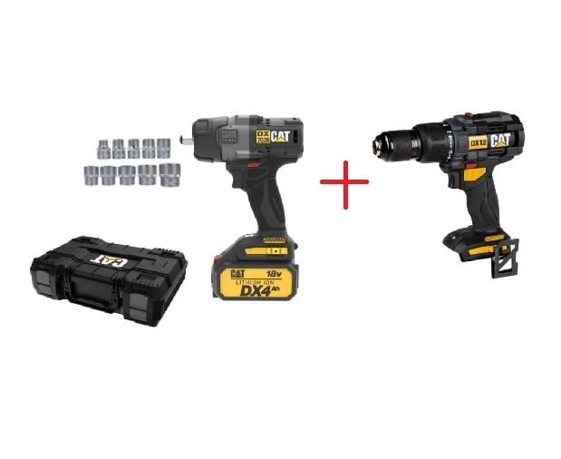 Ударен гайковерт CAT DX7020.1 + ударна бормашина CAT DX12B 18V + 2 батерии, зарядно и куфар