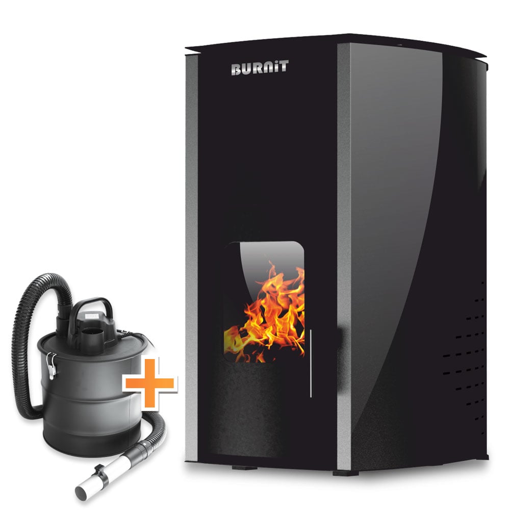 Пелетна камина Burnit Comfort 18 с водна риза / черен цвят + прахосмукачка за пепел
