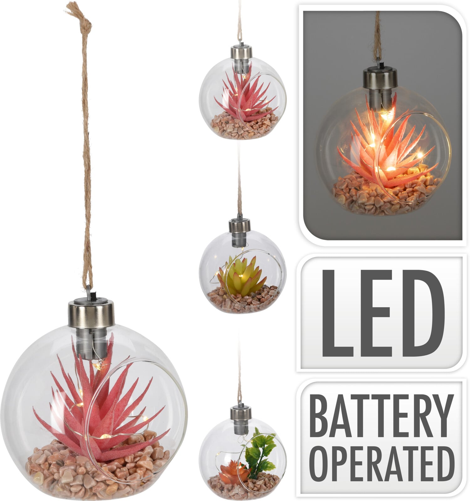 LED декорация изкуствено растение с камъчета в стъклена топка 10х11 см