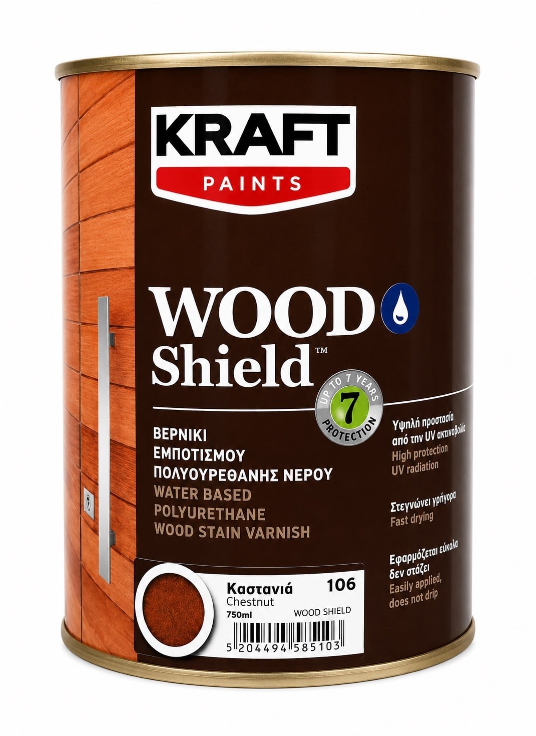 Импрегниращ полиуретанов лак на водна основа Kraft Wood Shield 106 кестен 750 мл