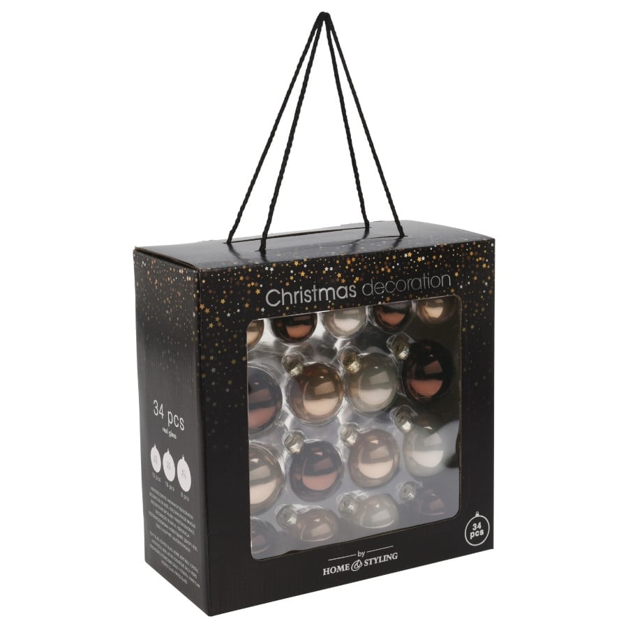 Комплект стъклени коледни топки 34 броя в три различни кехлибарени цвята