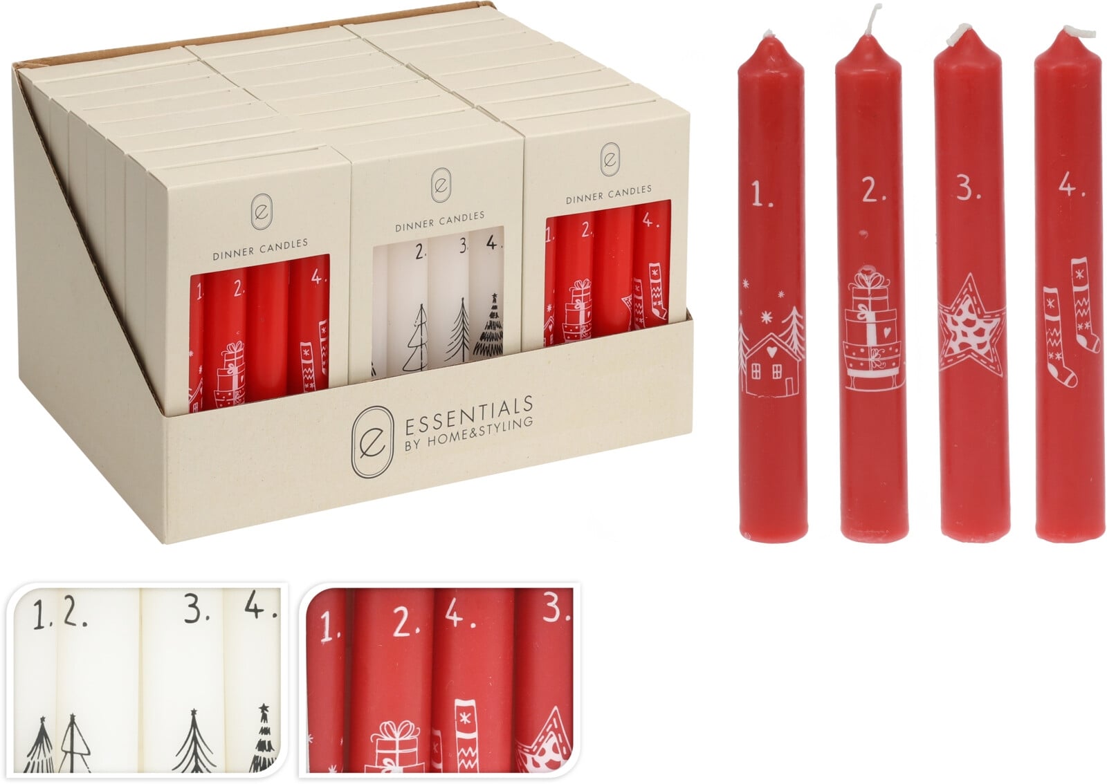Комплект коледни свещи 4 броя микс бяло / червено
