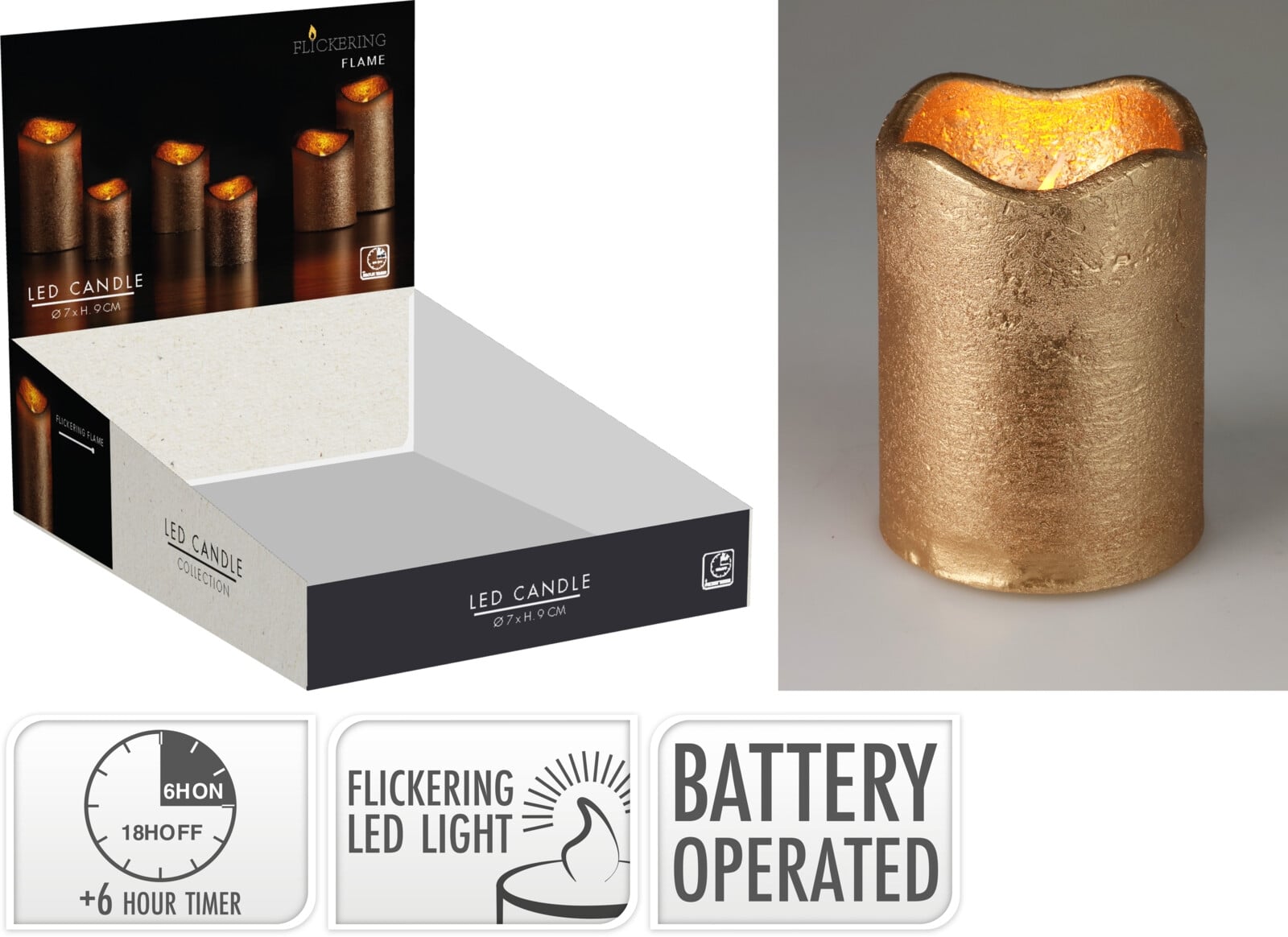 Коледна LED свещ ø 7 х 9 см злато