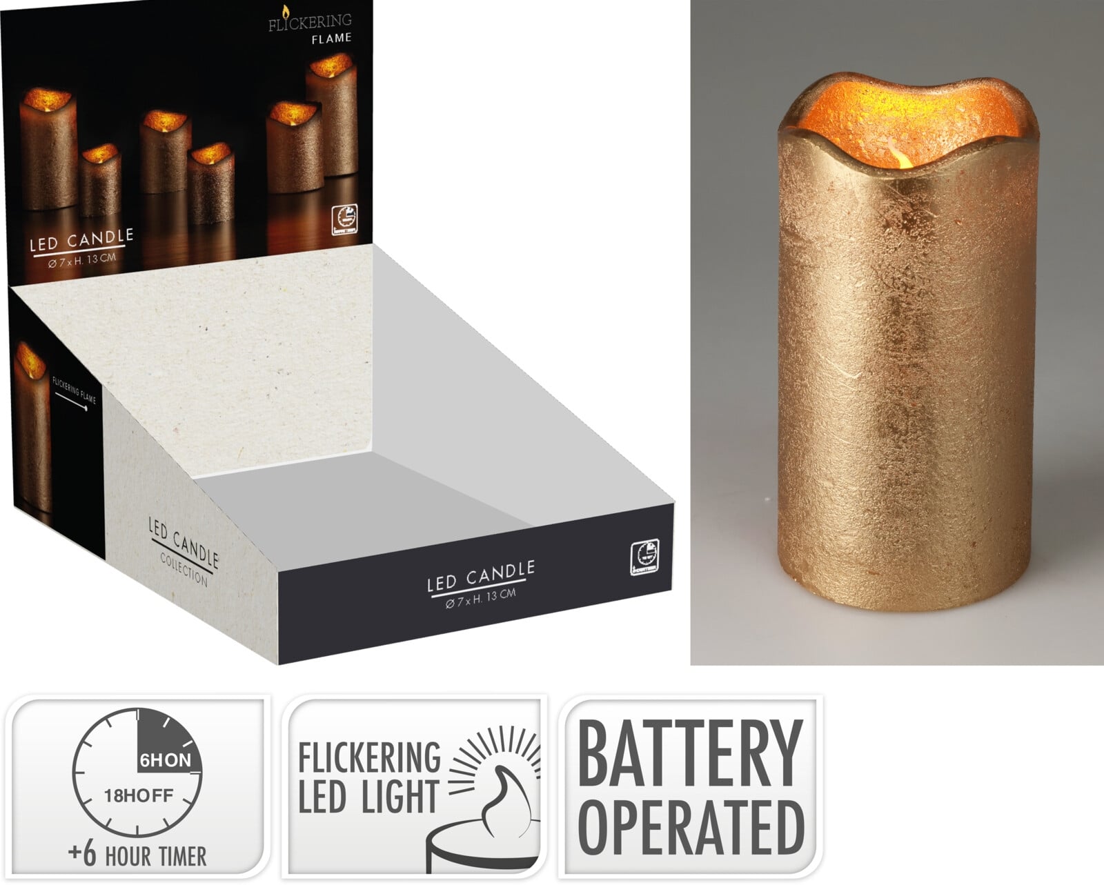 Коледна LED свещ ø 7 х 13 см злато